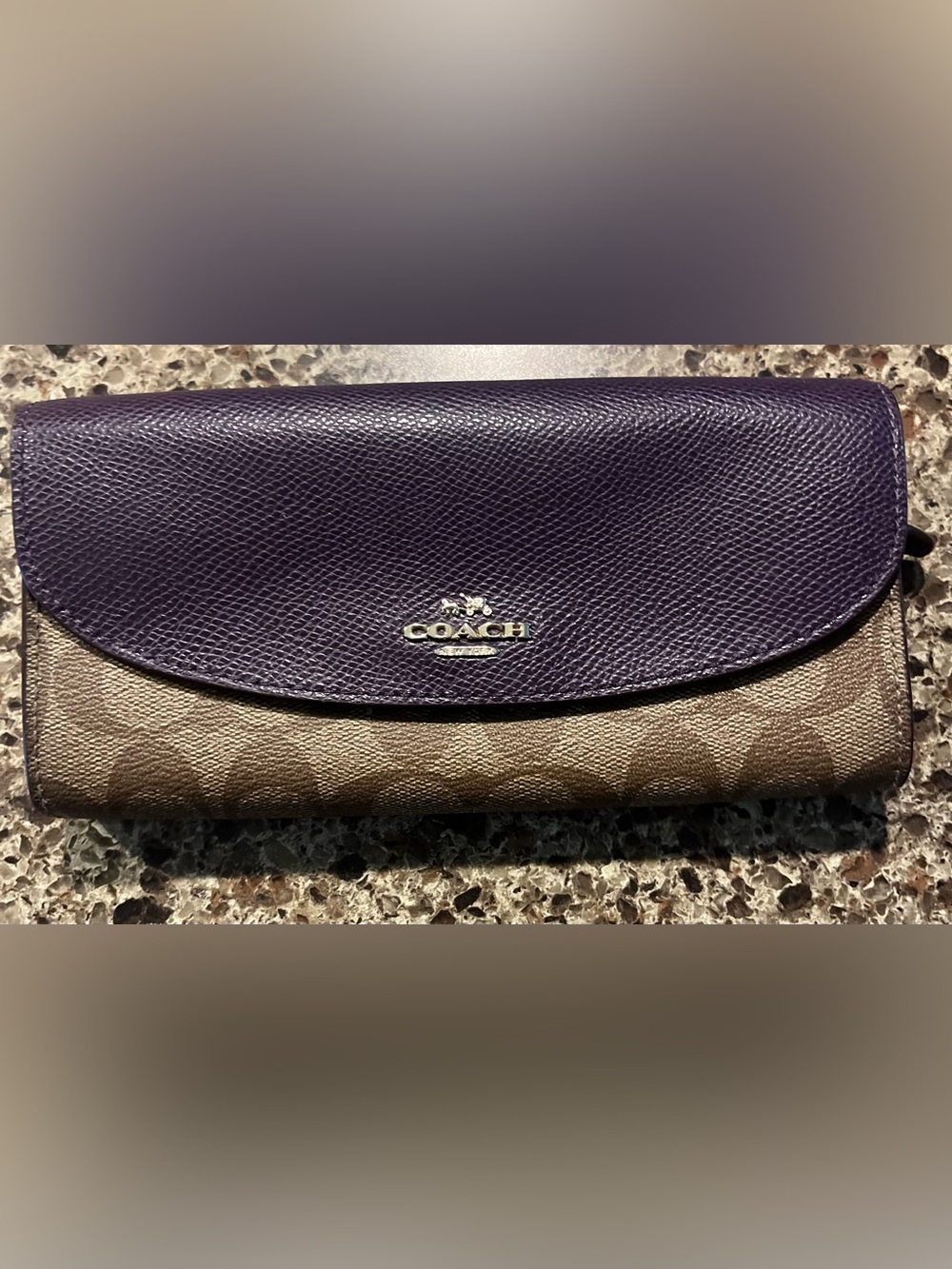 Coach Purple Leather and Brown Signature Canvas Continental Wallet